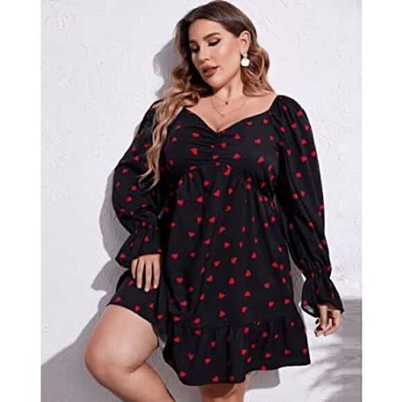 ❤ Plus Size Valentine’s Day Long Sleeve Heart Print Black Dress NWT - Picture 3 of 16